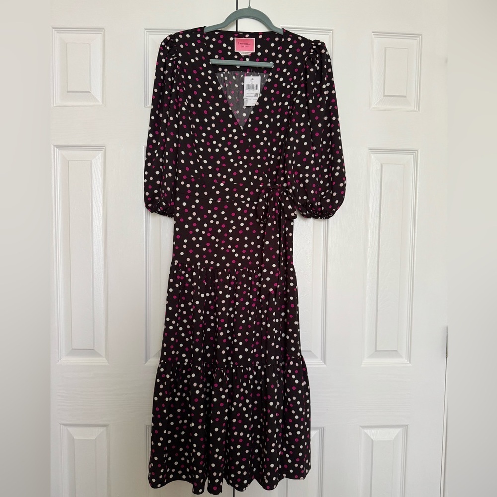 Kate Spade Glimmer Dot Wrap Dress, Black With Pink/White Polka Dots, Size 1, NWT